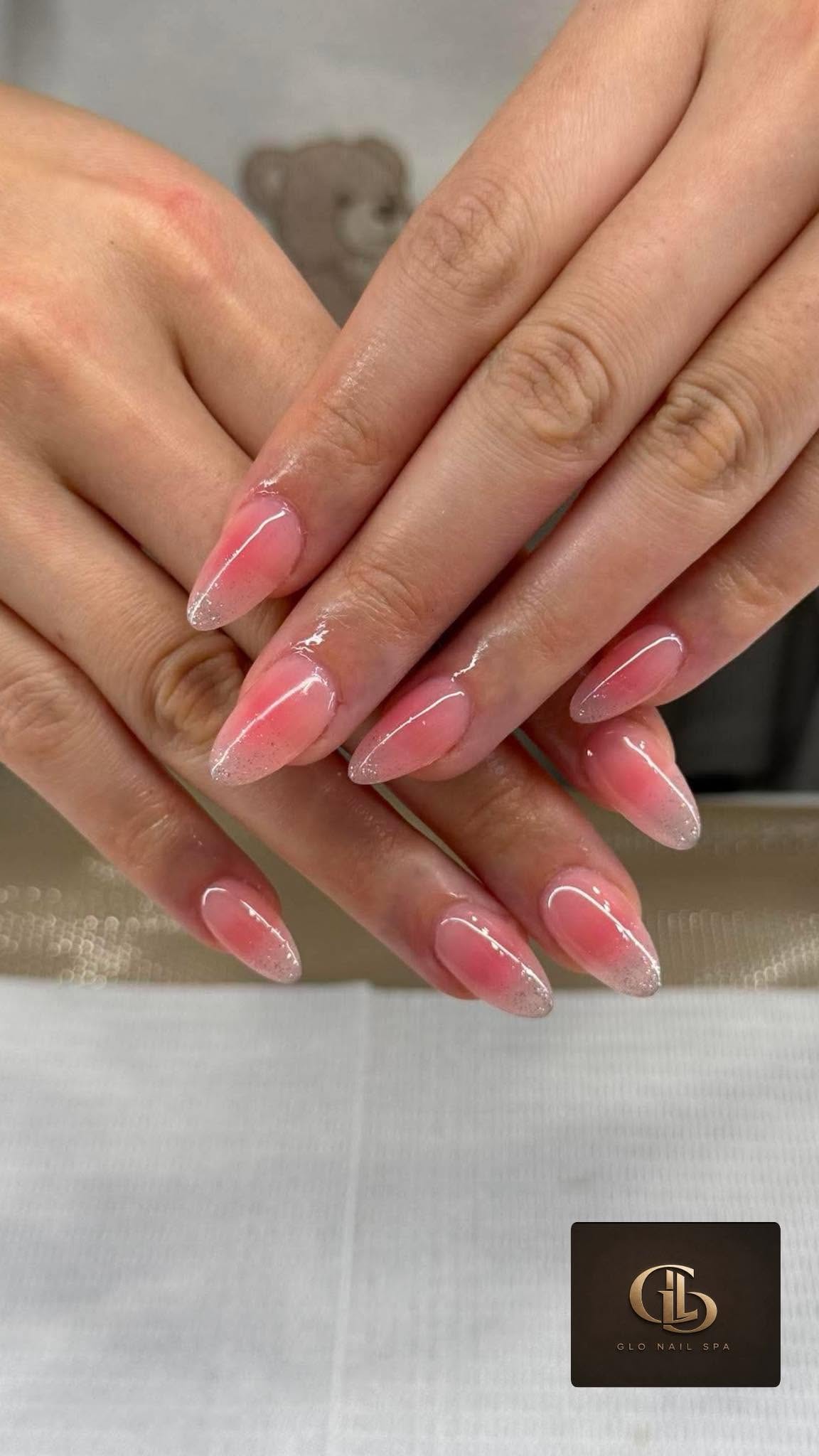 Soft pink ombre almond manicure created at Glo Nail Spa
